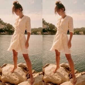 Sézane Asianne Ecru Eyelet Wrap Mini Dress